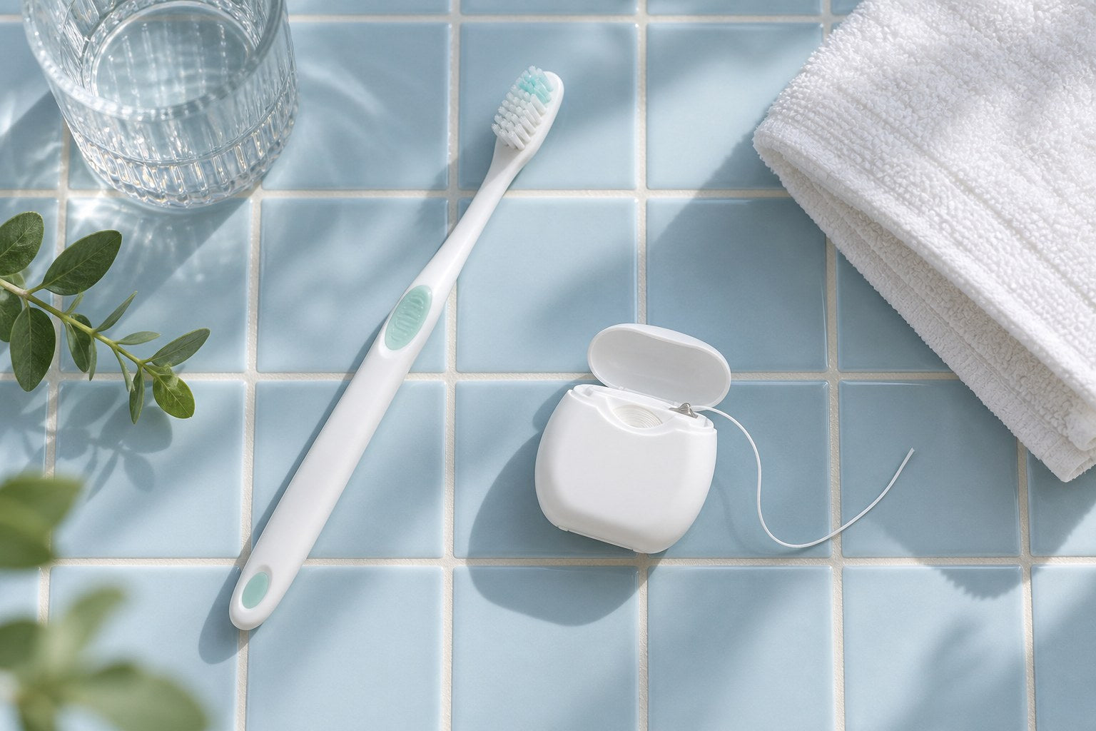 A toothbrush, floss and everyday care essentials on pale blue bathroom tiles
