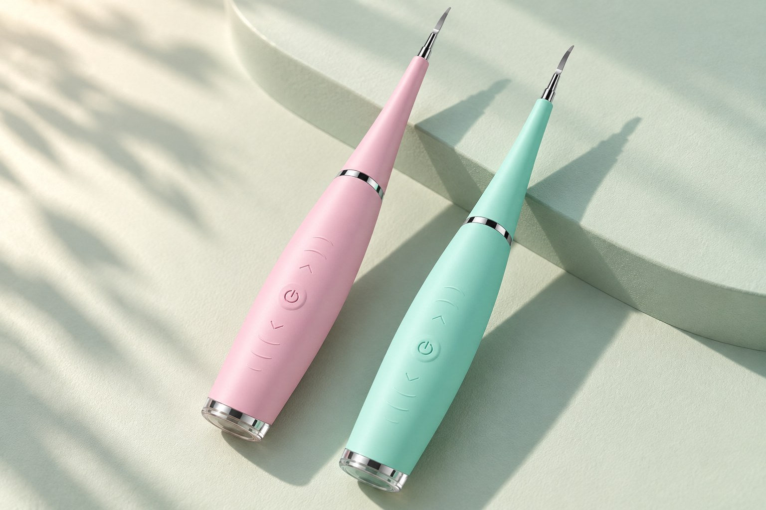Pink and turquoise Ultrasonic Tooth Cleaners styled together in morning sunlight